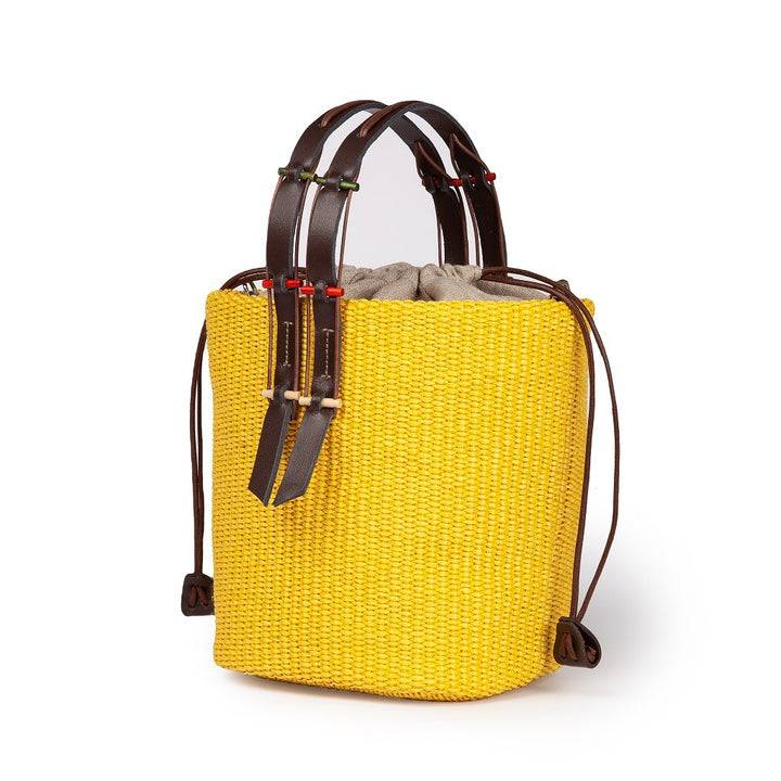 Roberta Gandolfi Fernanda Bucket in rafia con finiture in pelle di vitello con tracolla staccabile Economico