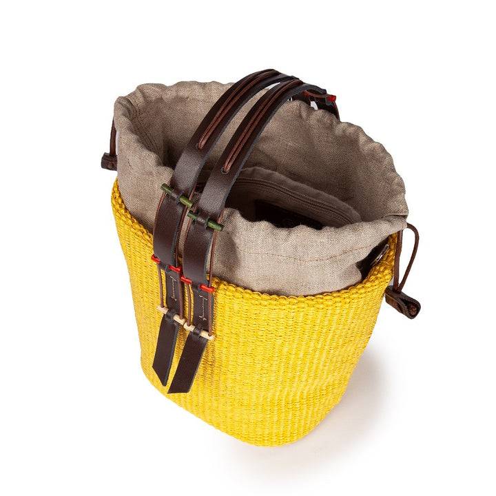 Roberta Gandolfi Fernanda Bucket in rafia con finiture in pelle di vitello con tracolla staccabile Economico
