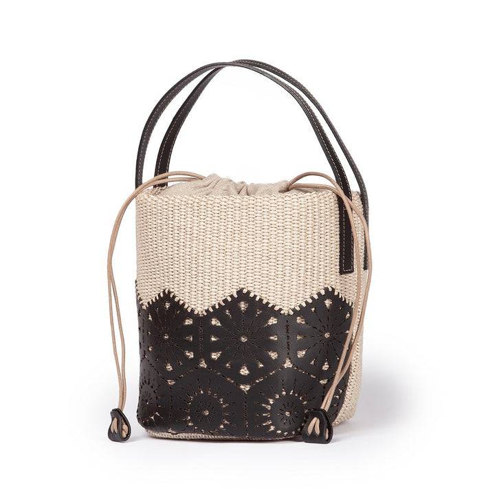 Roberta Gandolfi Giulia Bucket in rafia e pelle il pannello tagliato al laser è interamente cucito a mano con tracolla staccabile Negozio