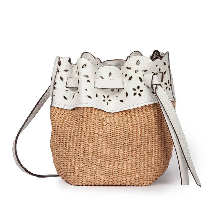 Roberta Gandolfi Diletta Mini Bucket in rafia con balza in pelle laserata con tracolla staccabile Offerta San Valentino
