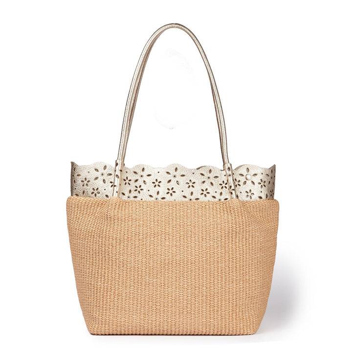 Roberta Gandolfi Diletta Shopping - Tote in rafia con balza in pelle laserata con tracolla staccabile Smaltimento dello stoccaggio