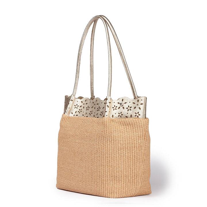 Roberta Gandolfi Diletta Shopping - Tote in rafia con balza in pelle laserata con tracolla staccabile Smaltimento dello stoccaggio