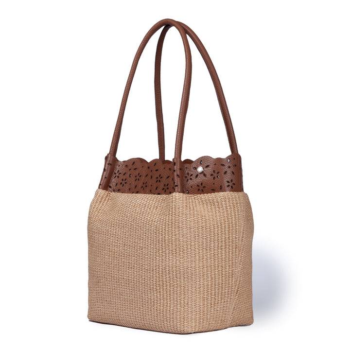 Roberta Gandolfi Diletta Shopping - Tote in rafia con balza in pelle laserata con tracolla staccabile Vendita calda