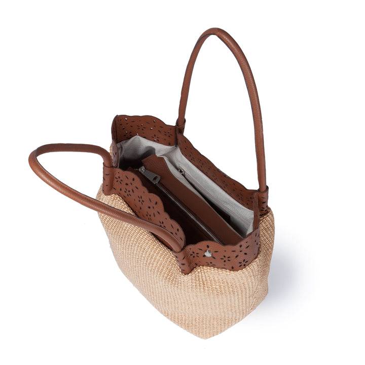 Roberta Gandolfi Diletta Shopping - Tote in rafia con balza in pelle laserata con tracolla staccabile Vendita calda
