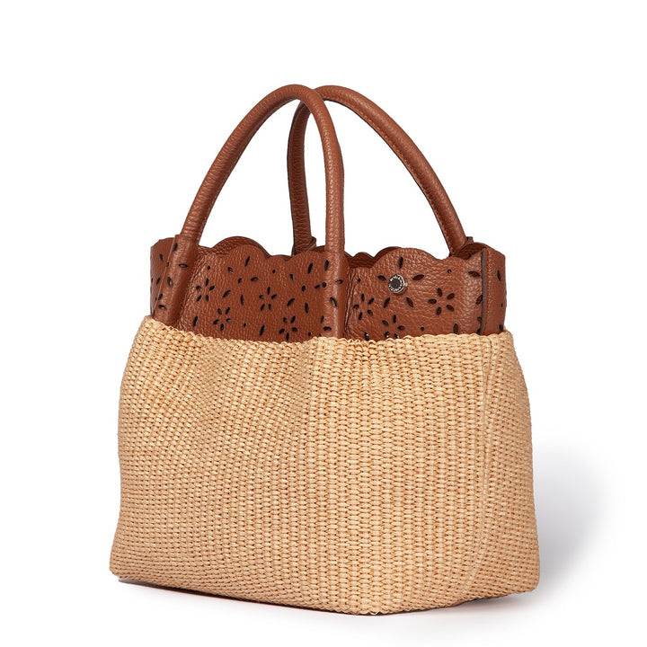 Roberta Gandolfi Diletta Handbag in rafia con balza in pelle laserata con tracolla staccabile Latest fashion