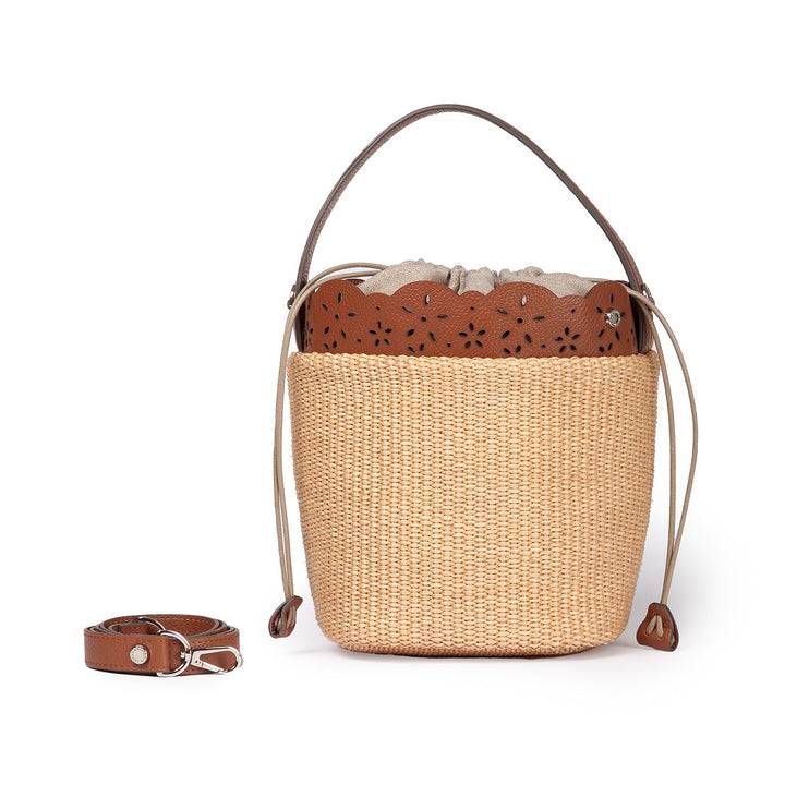 Roberta Gandolfi Diletta Bucket in rafia con balza in pelle laserata con tracolla staccabile Offerta temporanea