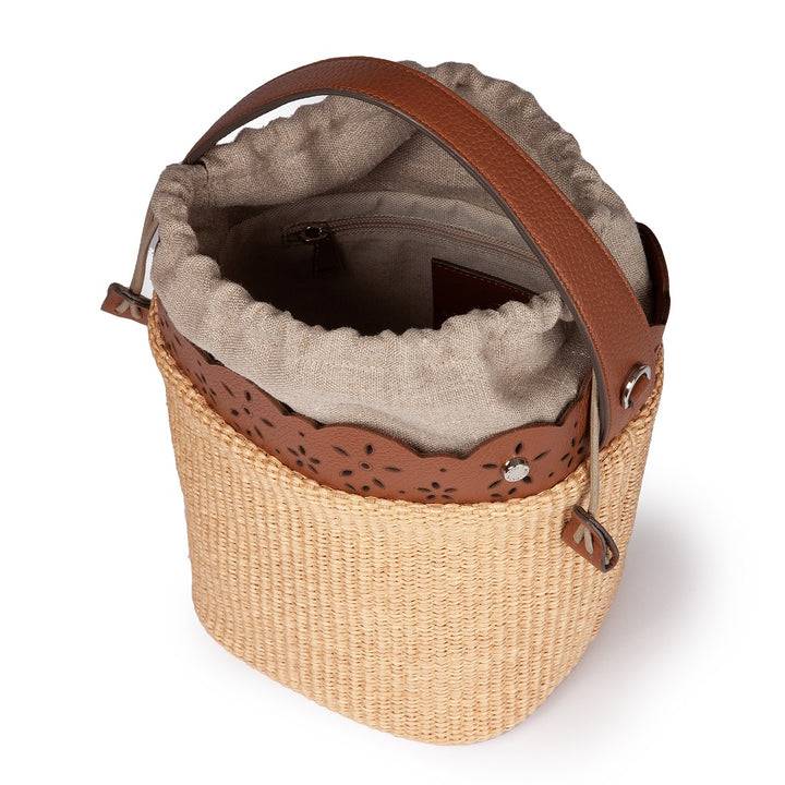 Roberta Gandolfi Diletta Bucket in rafia con balza in pelle laserata con tracolla staccabile Offerta temporanea