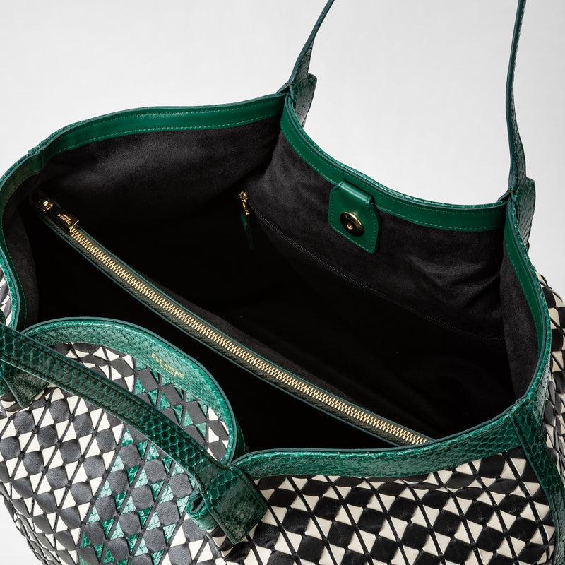 Serapian Secret tote bag mosaico elaphe black-white-emerald Offerte