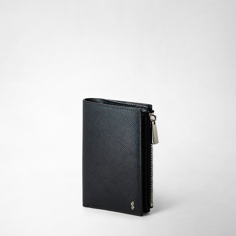 Serapian Vertical billfold with zip in evoluzione leather navy blue Sottocosto