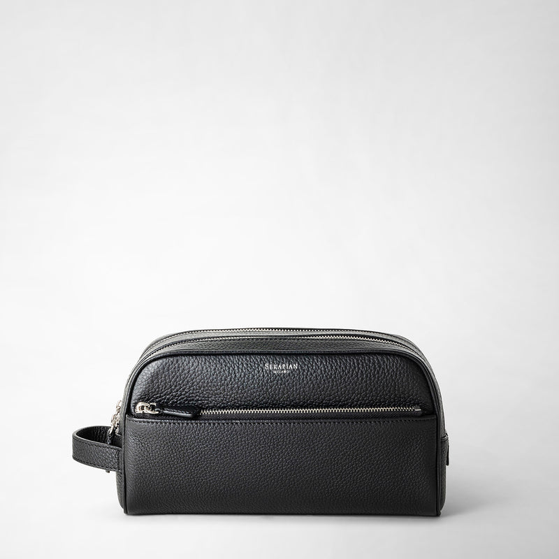 Serapian Trousse bagno doppia zip in pelle cachemire nero Economico
