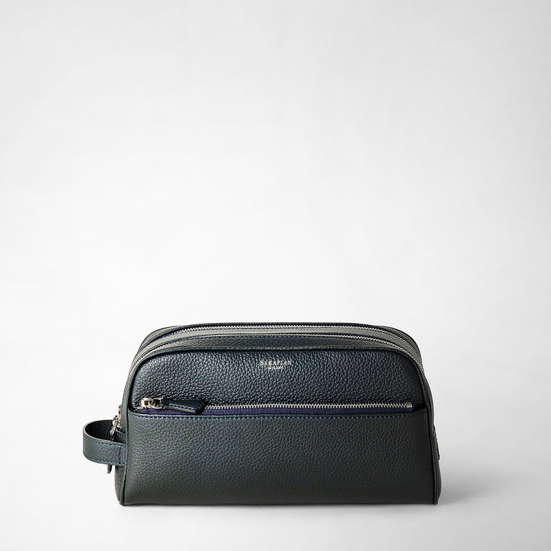 Serapian Trousse bagno doppia zip in pelle cachemire blu navy Vendita Economica