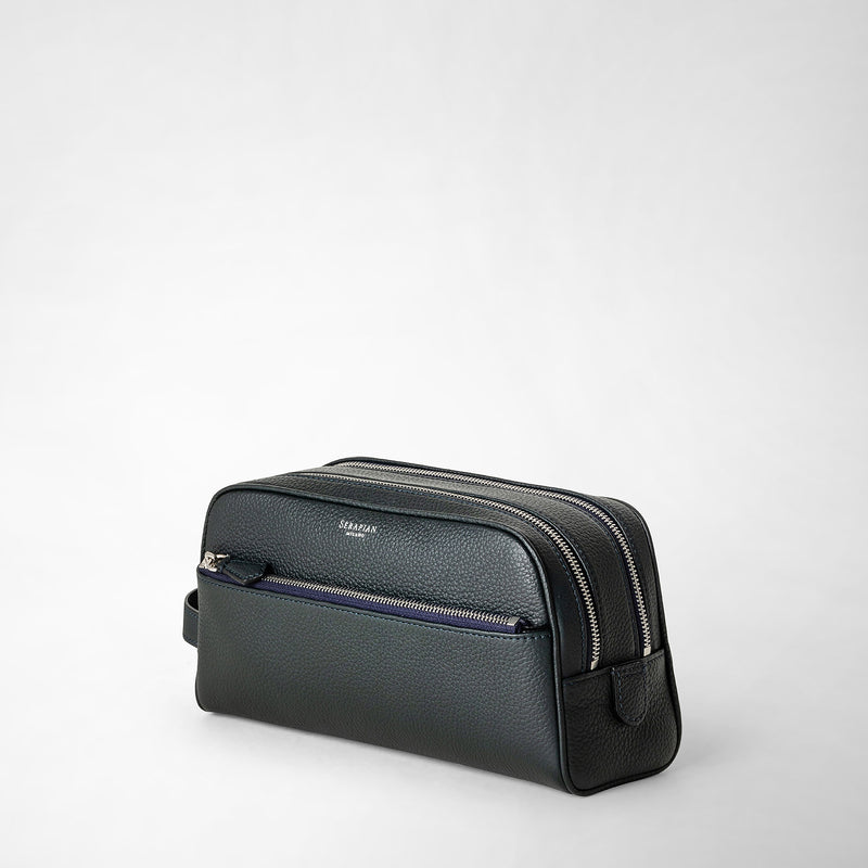 Serapian Trousse bagno doppia zip in pelle cachemire blu navy Vendita Economica