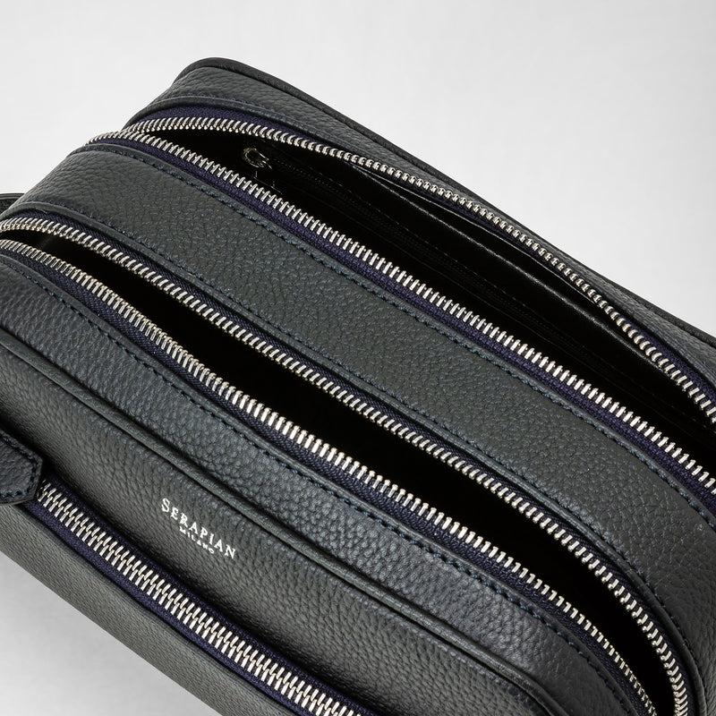 Serapian Trousse bagno doppia zip in pelle cachemire blu navy Vendita Economica