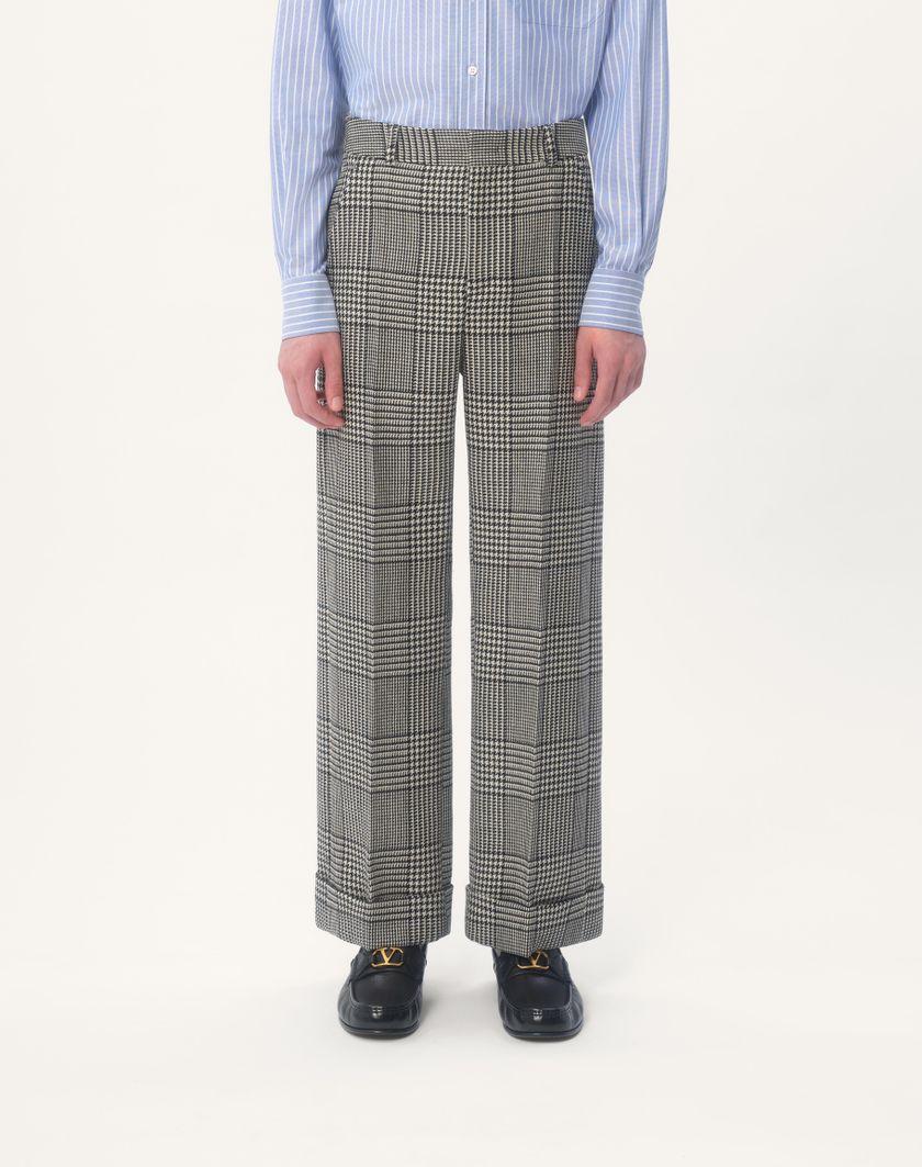 Valentino Handbags Pantalone In Lana Con Risvolto Con Motivo Check Su Pied De Poule per Uomo in Avorio/nero | Valentino IT Saldi