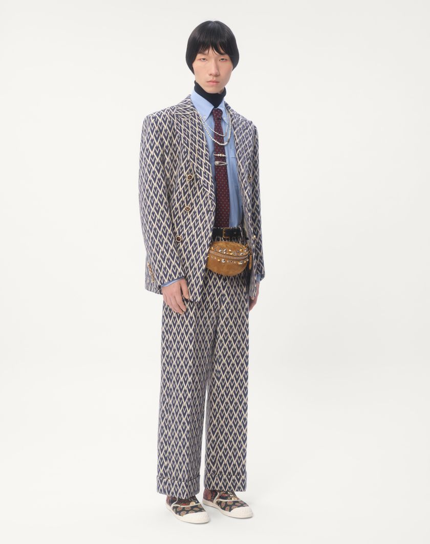 Valentino Handbags Pantalone In Lana Con Risvolto Con Motivo Jacquard Toute La V per Uomo in Notte/crema | Valentino IT Italy