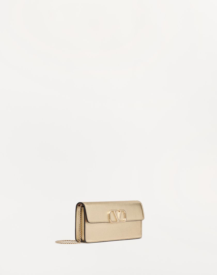 Valentino Handbags Portafoglio Con Catena Vlogo Signature In Vitello Granato Metallizzato per Donna in Platino | Valentino IT Promozione Limitata