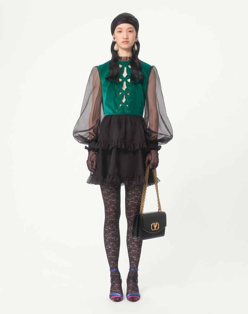 Valentino Handbags Abito Corto In Organza Ricamato per Donna in Nero/verde | Valentino IT Nuovo