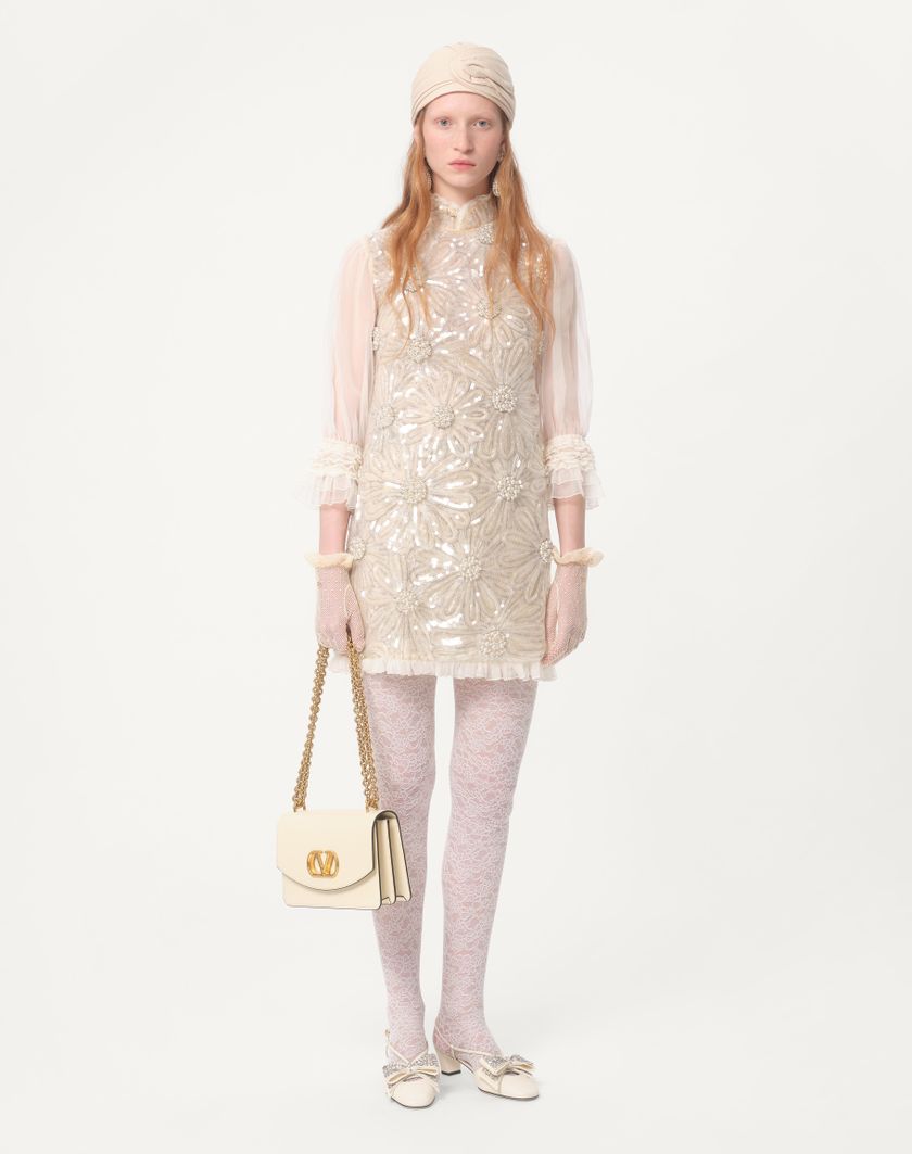 Valentino Handbags Abito Corto In Organza Ricamato per Donna in Grigio Perla | Valentino IT Promozione