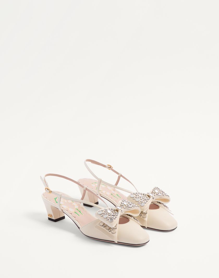 Valentino Handbags Décolleté Slingback Bowow In Capretto Con Specchi E Cristalli 45mm per Donna in Avorio/silver | Valentino IT Spedizione Gratuita