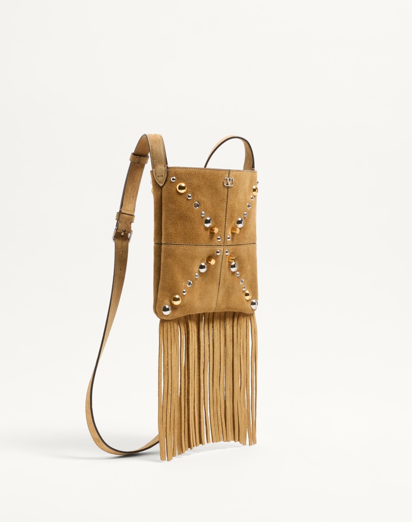 Valentino Handbags Borsa A Spalla Piccola Valentino Garavani Nellcôte In Suede Con Frange per Donna in Havana Beige | Valentino IT Negozi Online