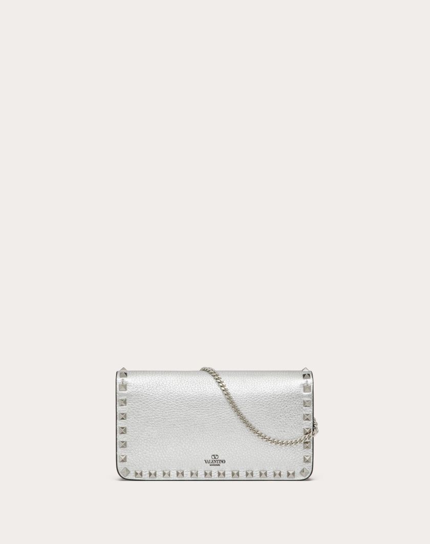 Valentino Handbags Portafoglio Con Catena Rockstud In Vitello Granato Metallizzato per Donna in Argento | Valentino IT Vendita Calda