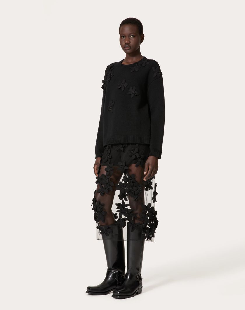 Valentino Handbags Gonna Midi In Tulle Illusione Ricamata per Donna in Nero | Valentino IT Novità
