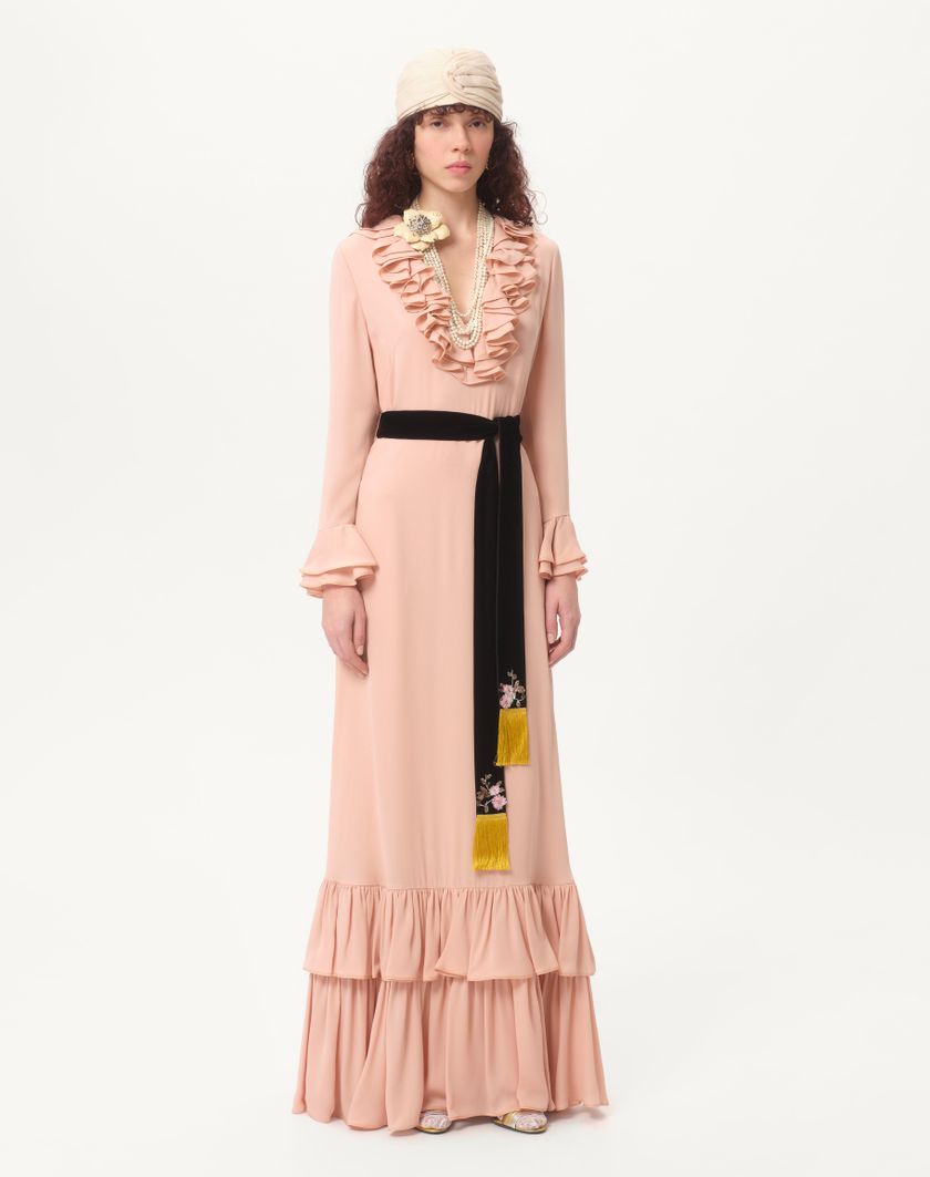 Valentino Handbags Abito Lungo In Georgette Ricamato per Donna in Rose Mist | Valentino IT Consegna Veloce
