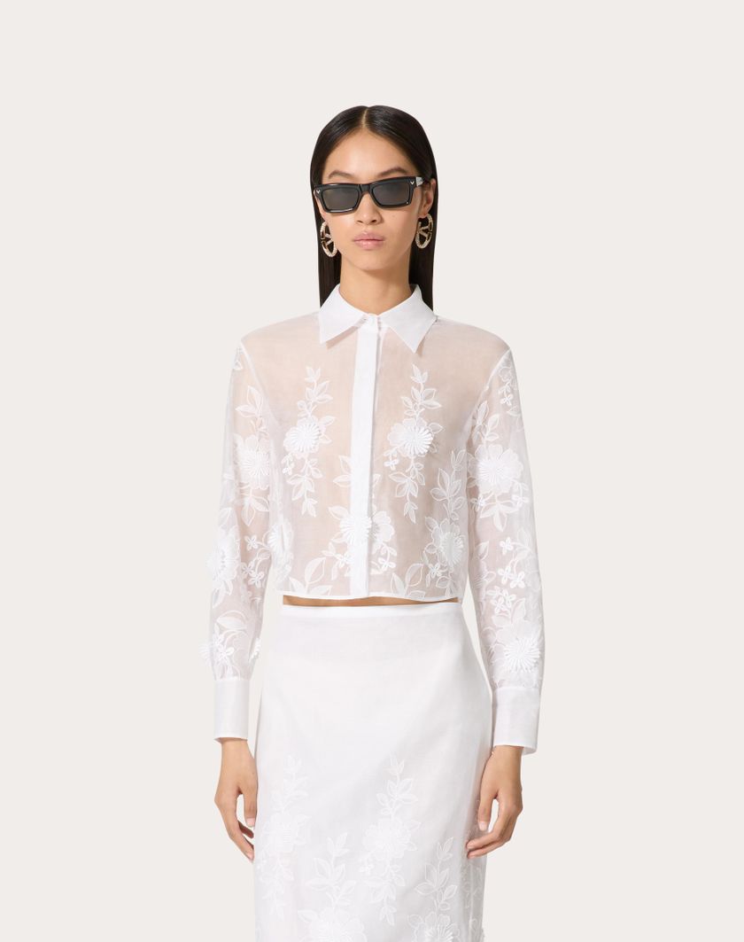 Valentino Handbags Camicia In Camellia Organdis per Donna in Avorio | Valentino IT Offerta San Valentino