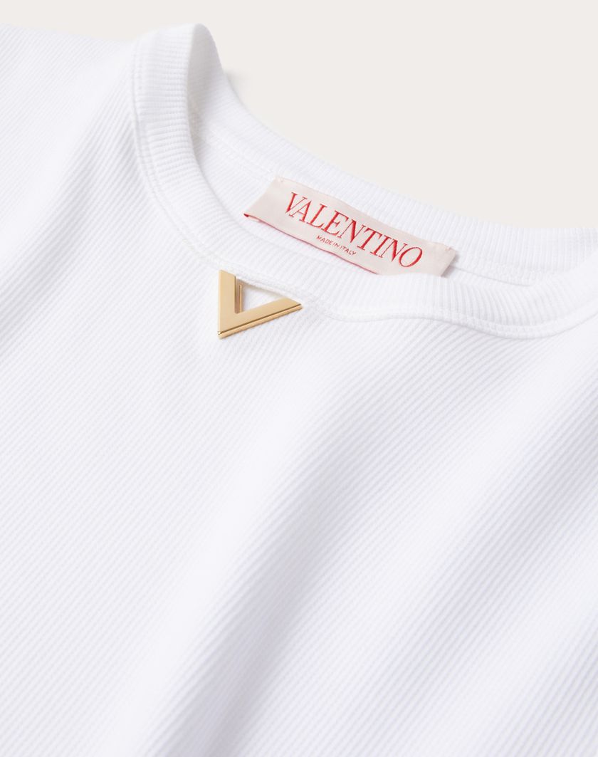 Valentino Handbags T-shirt In Ribbed Cotton per Donna in Bianco | Valentino IT Limitato a 3 giorni