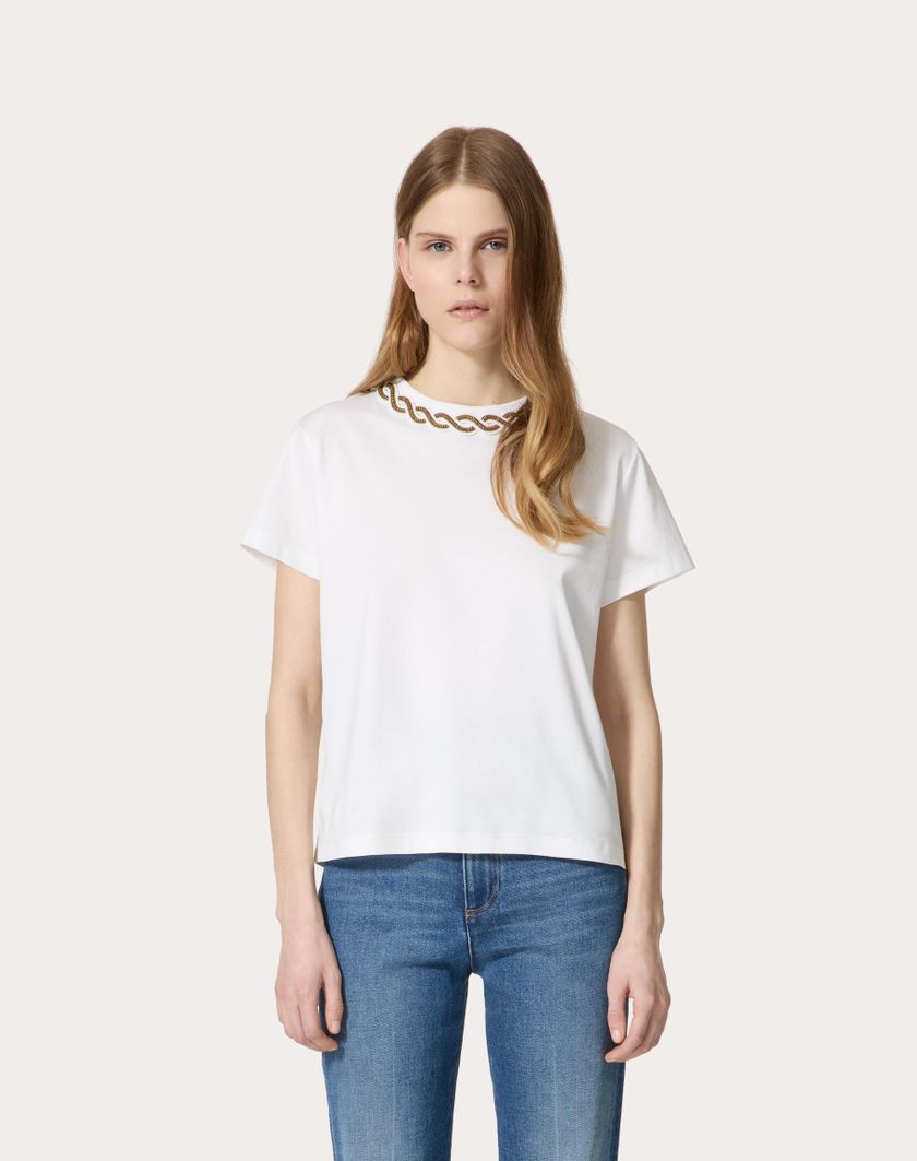 Valentino Handbags T-shirt In Cotton Jersey Ricamata per Donna in Bianco | Valentino IT Esporta salva