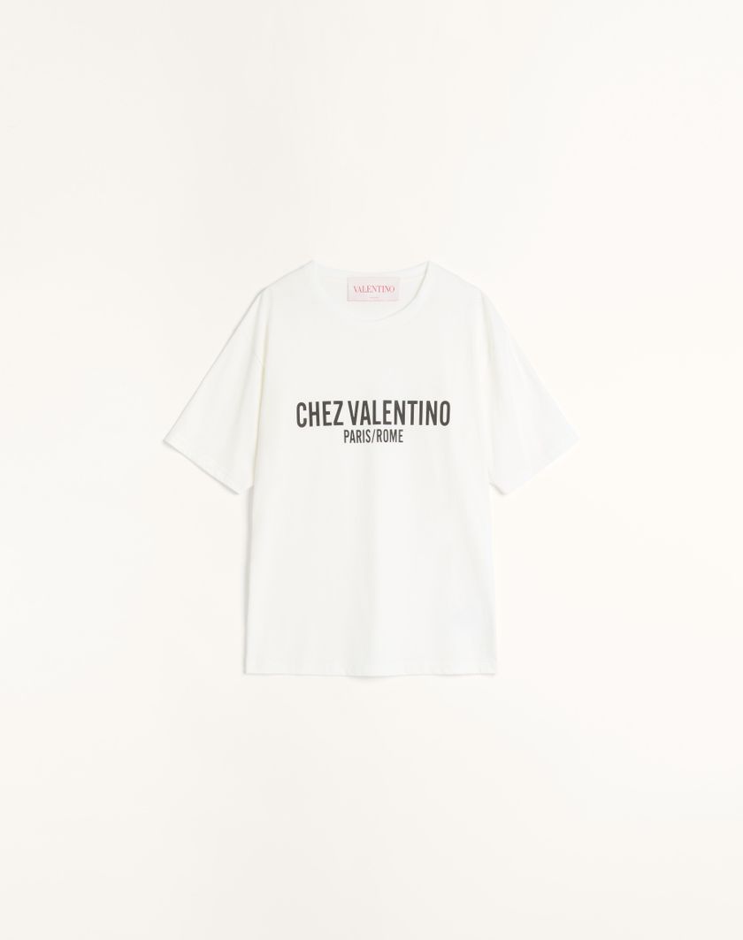 Valentino Handbags T-shirt In Jersey Cotton Con Stampa Chez Valentino per Donna in Avorio | Valentino IT