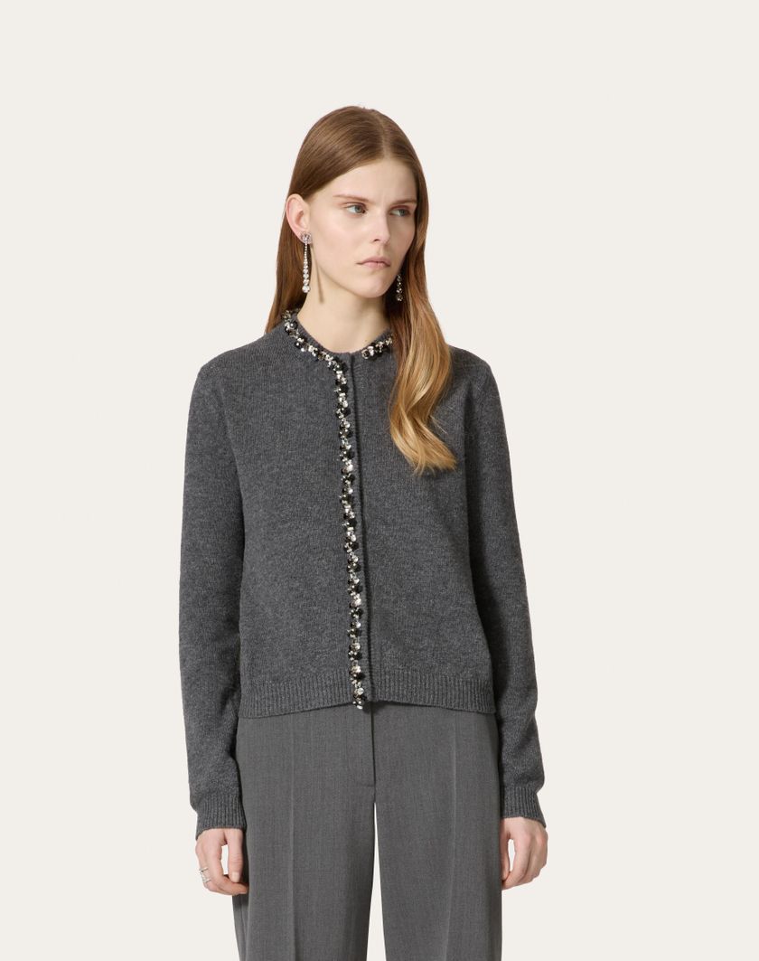 Valentino Handbags Cardigan In Lana Ricamato per Donna in Grigio Scuro | Valentino IT Promozione Limitata