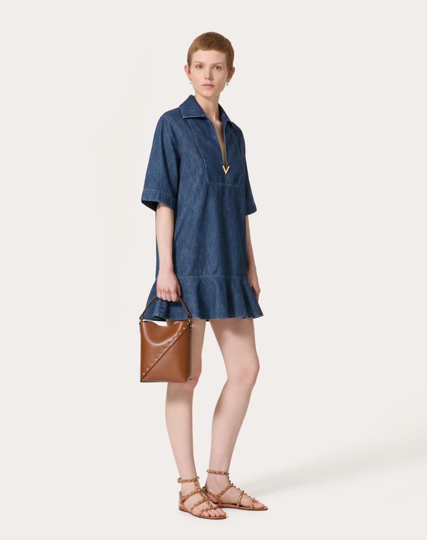 Valentino Handbags Abito Corto In Chambray Denim per Donna in Denim | Valentino IT Saldi Di Fabbrica