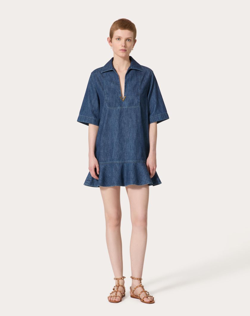 Valentino Handbags Abito Corto In Chambray Denim per Donna in Denim | Valentino IT Saldi Di Fabbrica