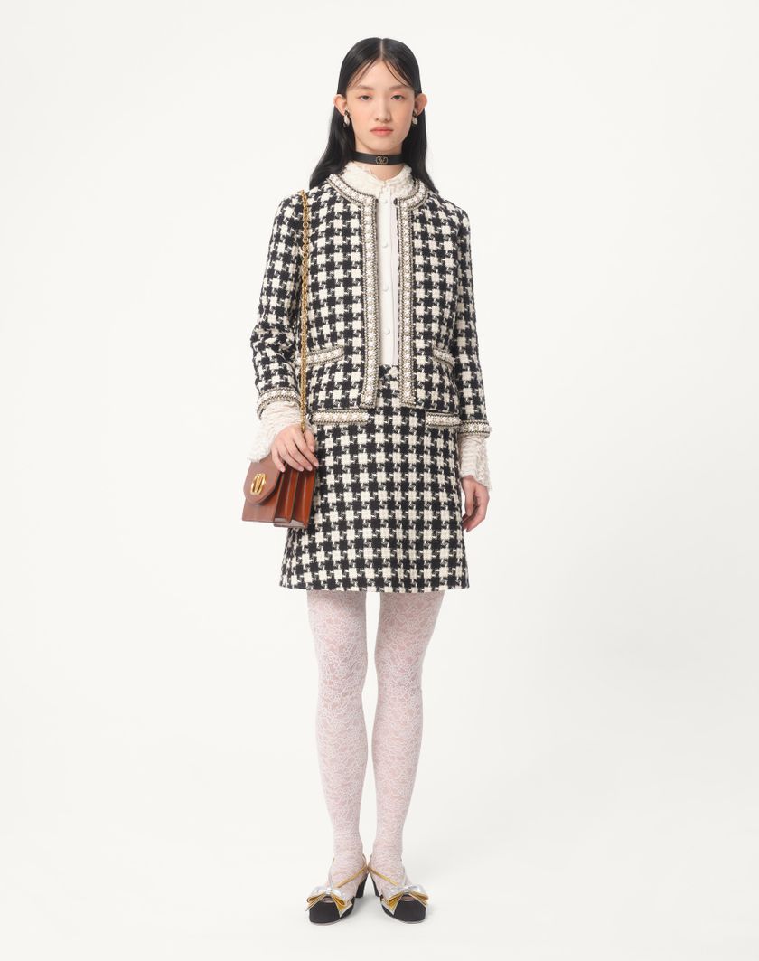 Valentino Handbags Gonna In Damier Light Tweed Ricamata per Donna in Avorio/nero | Valentino IT Negozio online di fabbrica