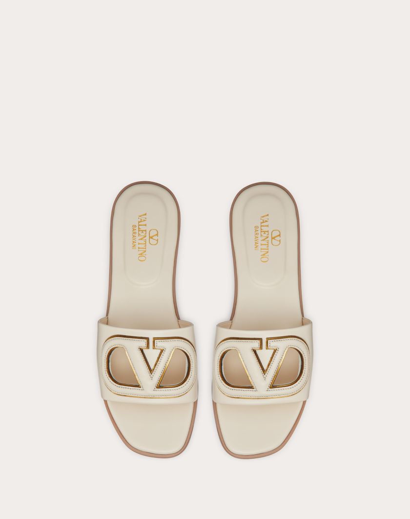 Valentino Handbags Sandalo Slide Vlogo Cut-out In Vitello per Donna in Azzurro/antique Brass | Valentino IT Nuovo