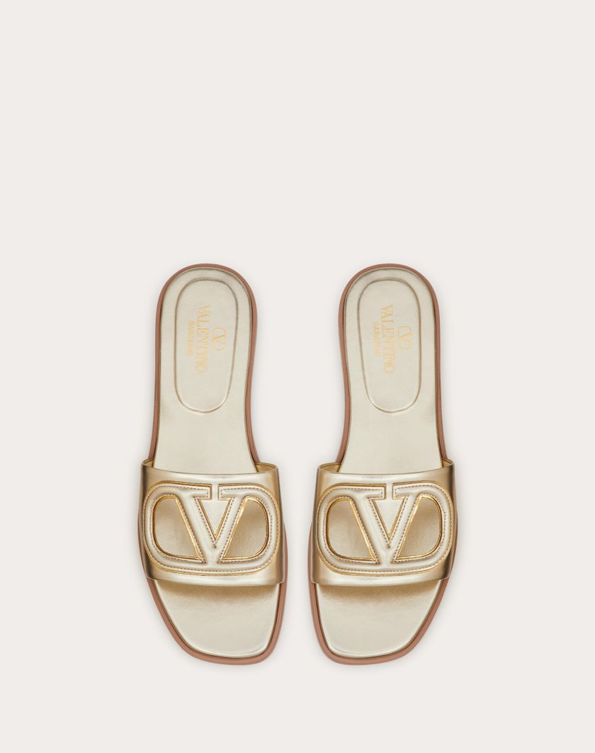 Valentino Handbags Sandalo Slide Vlogo Cut-out In Nappa Laminata per Donna in Platino/antique Brass | Valentino IT Qualità