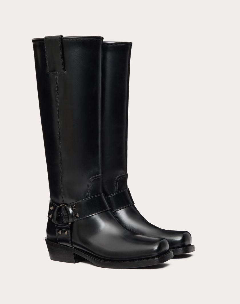 Valentino Handbags Stivale Biker Rockstud In Vitello 40mm per Donna in Nero | Valentino IT Officina