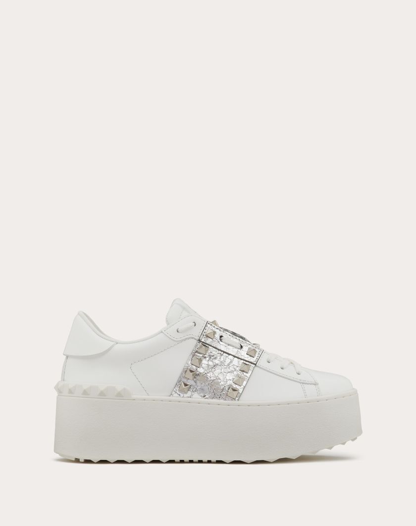 Valentino Handbags Sneaker Flatform Rockstud Untitled In Vitello Con Banda Metallizzata effetto Craquelé per Donna in Bianco/silver | Valentino IT In Saldo
