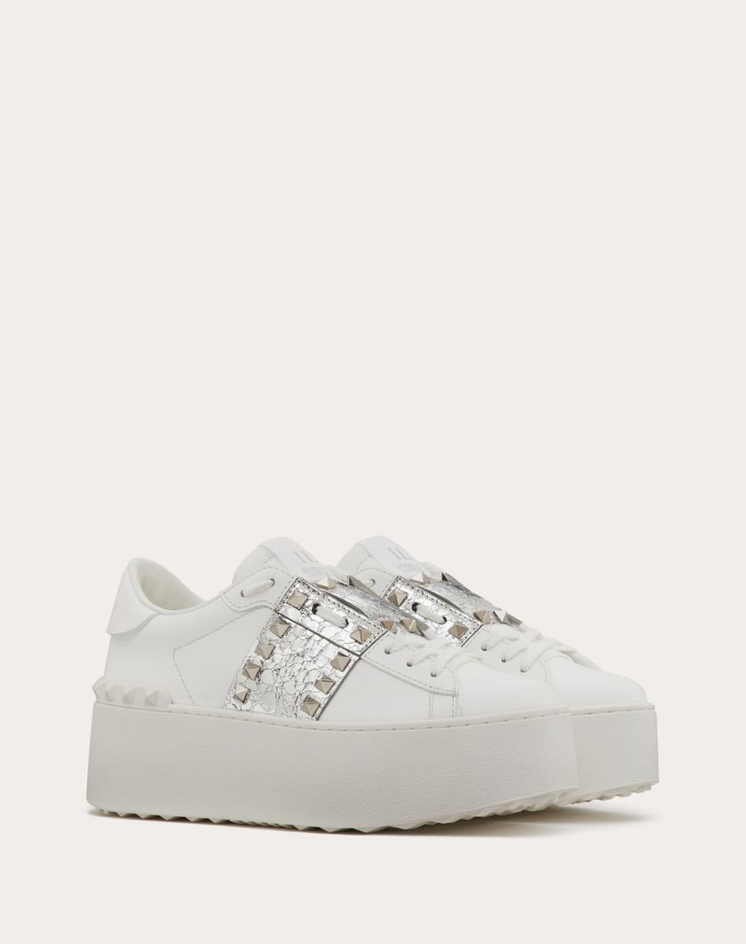 Valentino Handbags Sneaker Flatform Rockstud Untitled In Vitello Con Banda Metallizzata effetto Craquelé per Donna in Bianco/silver | Valentino IT In Saldo