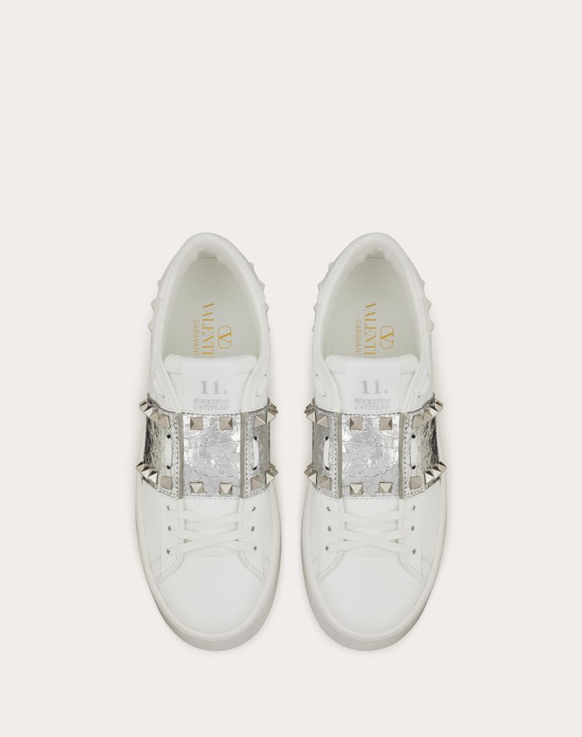 Valentino Handbags Sneaker Flatform Rockstud Untitled In Vitello Con Banda Metallizzata effetto Craquelé per Donna in Bianco/silver | Valentino IT In Saldo