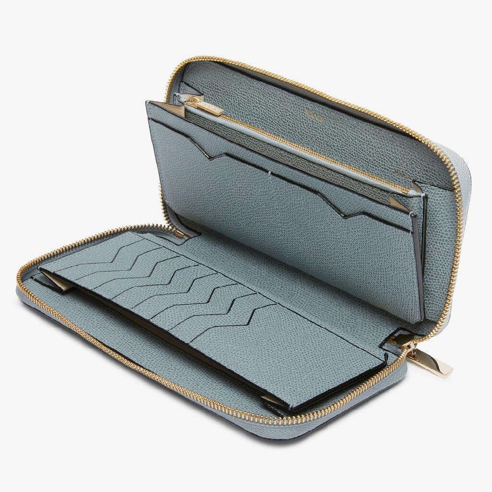 Valextra Portafoglio da Donna di Lusso in Pelle Azzurra | Valextra Zip Around Negozi Online