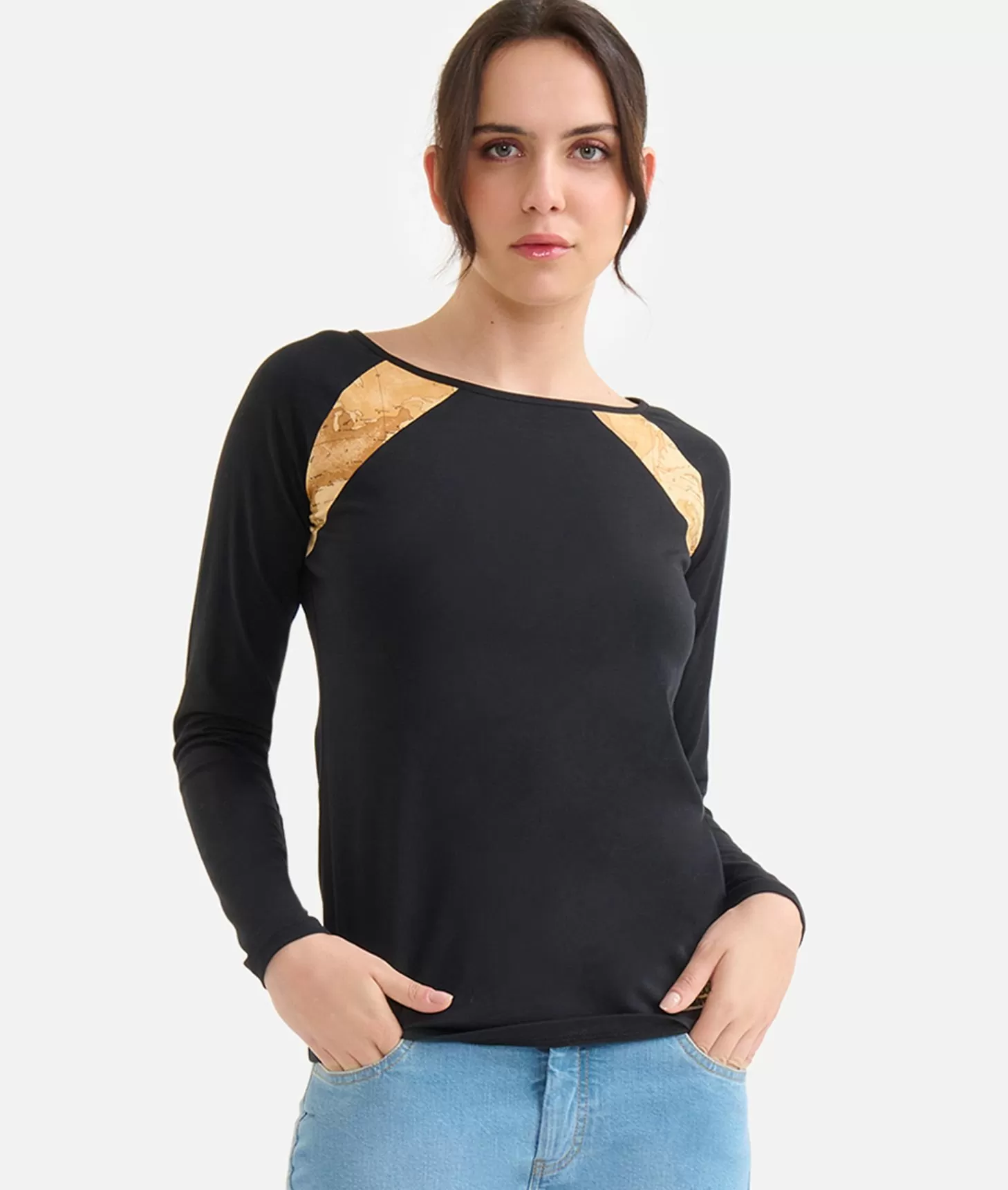 Alviero martini 1a classe T-shirt a maniche lunghe in jersey di cotone stretch con spicchi Geo Classic Nera Promozione Limitata