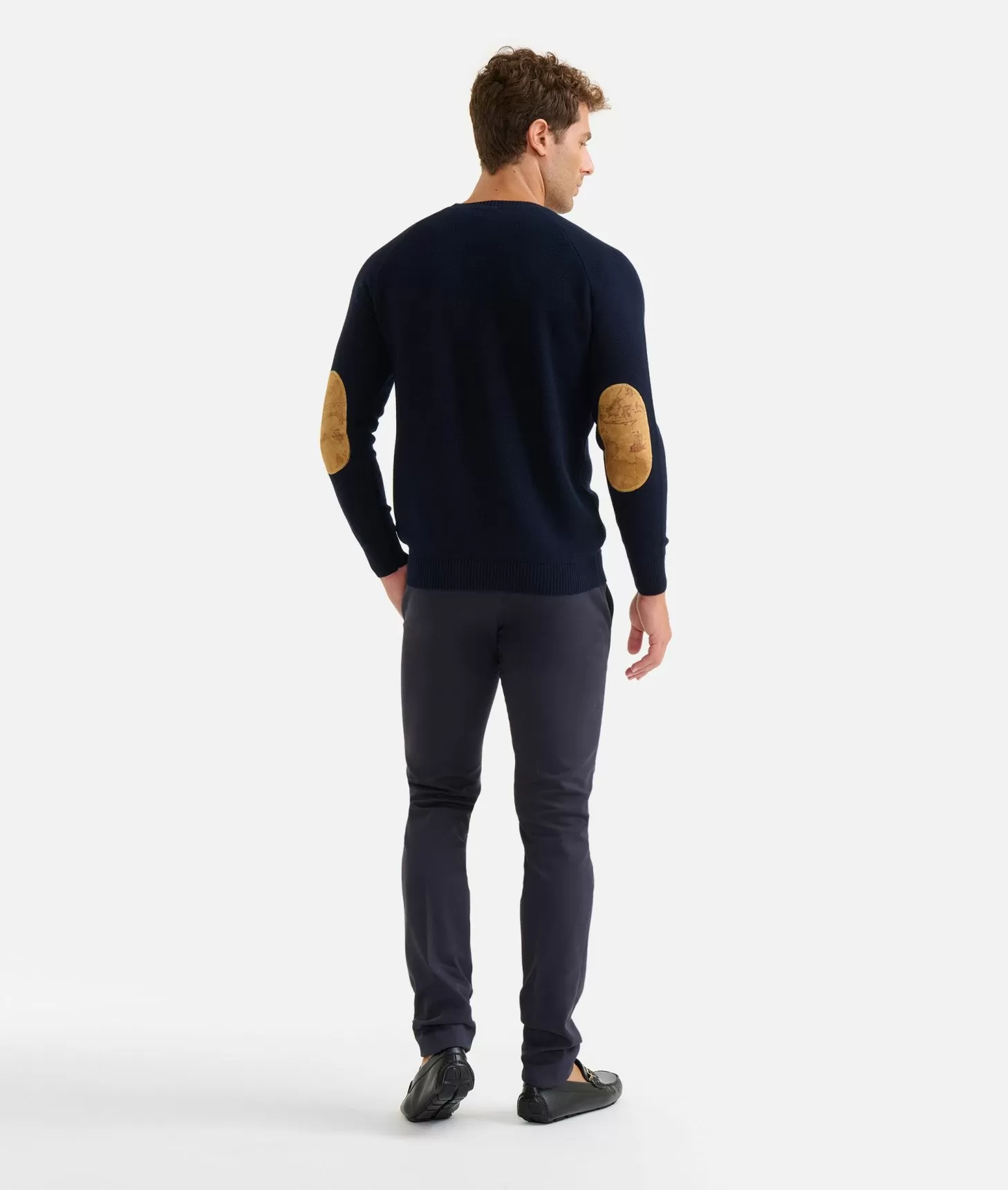 Alviero martini 1a classe Girocollo in filato misto lana con toppe Geo Classic Blu Notte Vendita