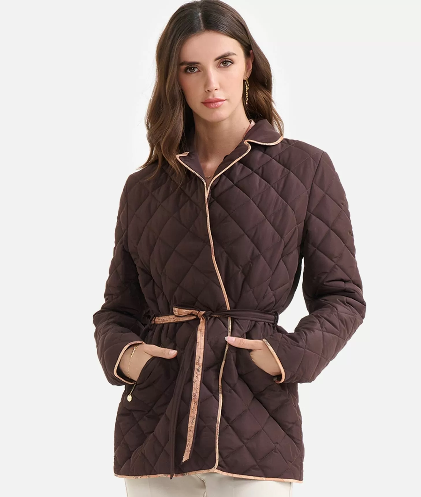 Alviero martini 1a classe Giacca imbottita con cintura in nylon Cioccolato Prezzo Ridotto