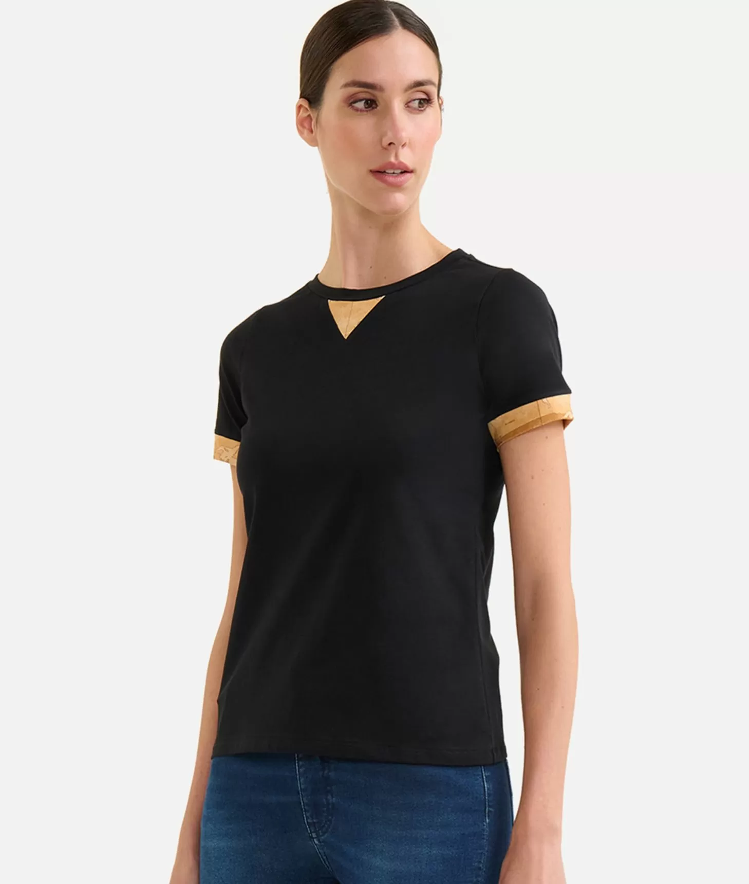 Alviero martini 1a classe T-shirt in jersey di cotone stretch con dettaglio Geo Classic Nera Esporta salva
