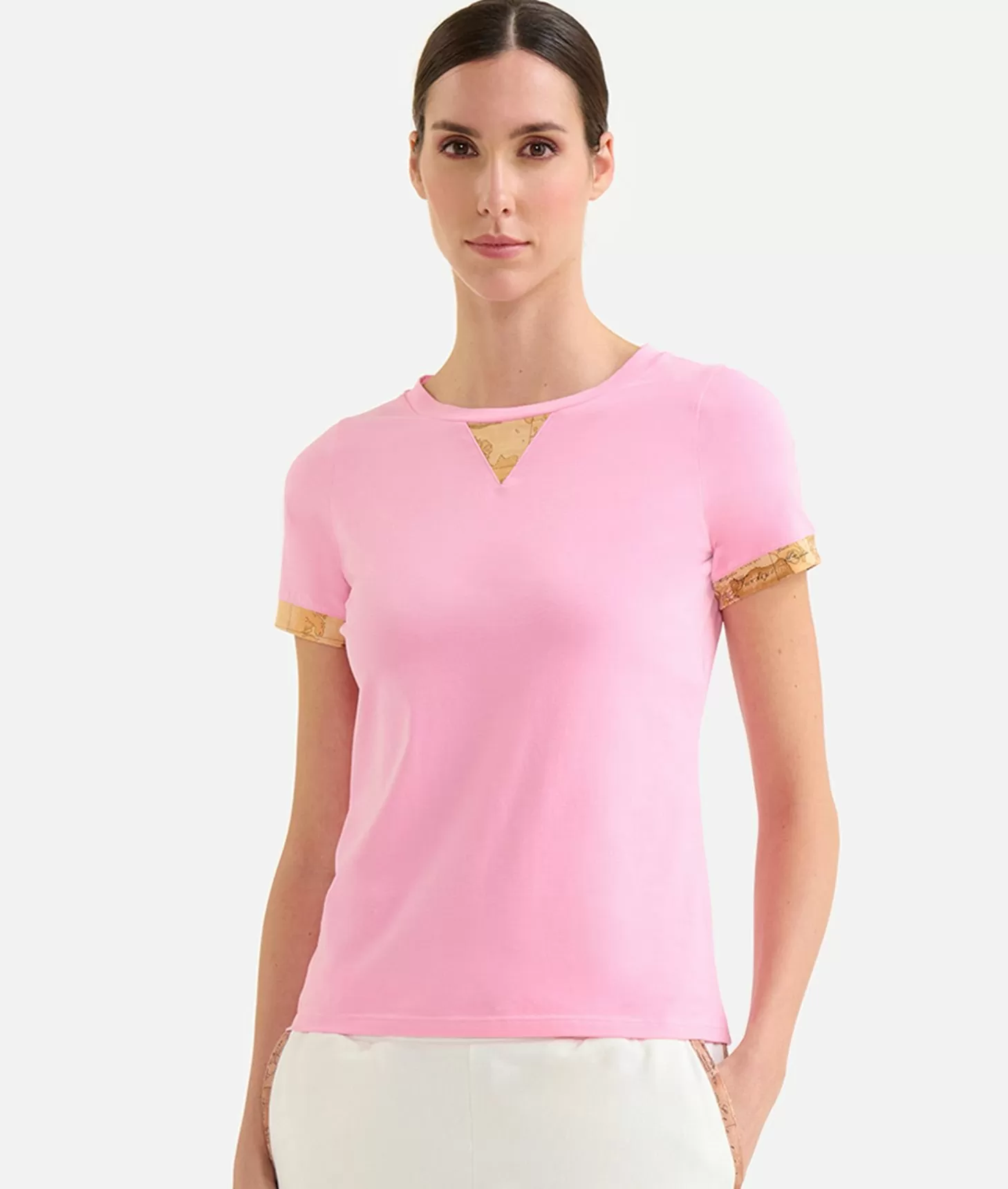 Alviero martini 1a classe T-shirt in jersey di cotone stretch con dettaglio Geo Classic Rosa Confetto Black Friday Prezzi