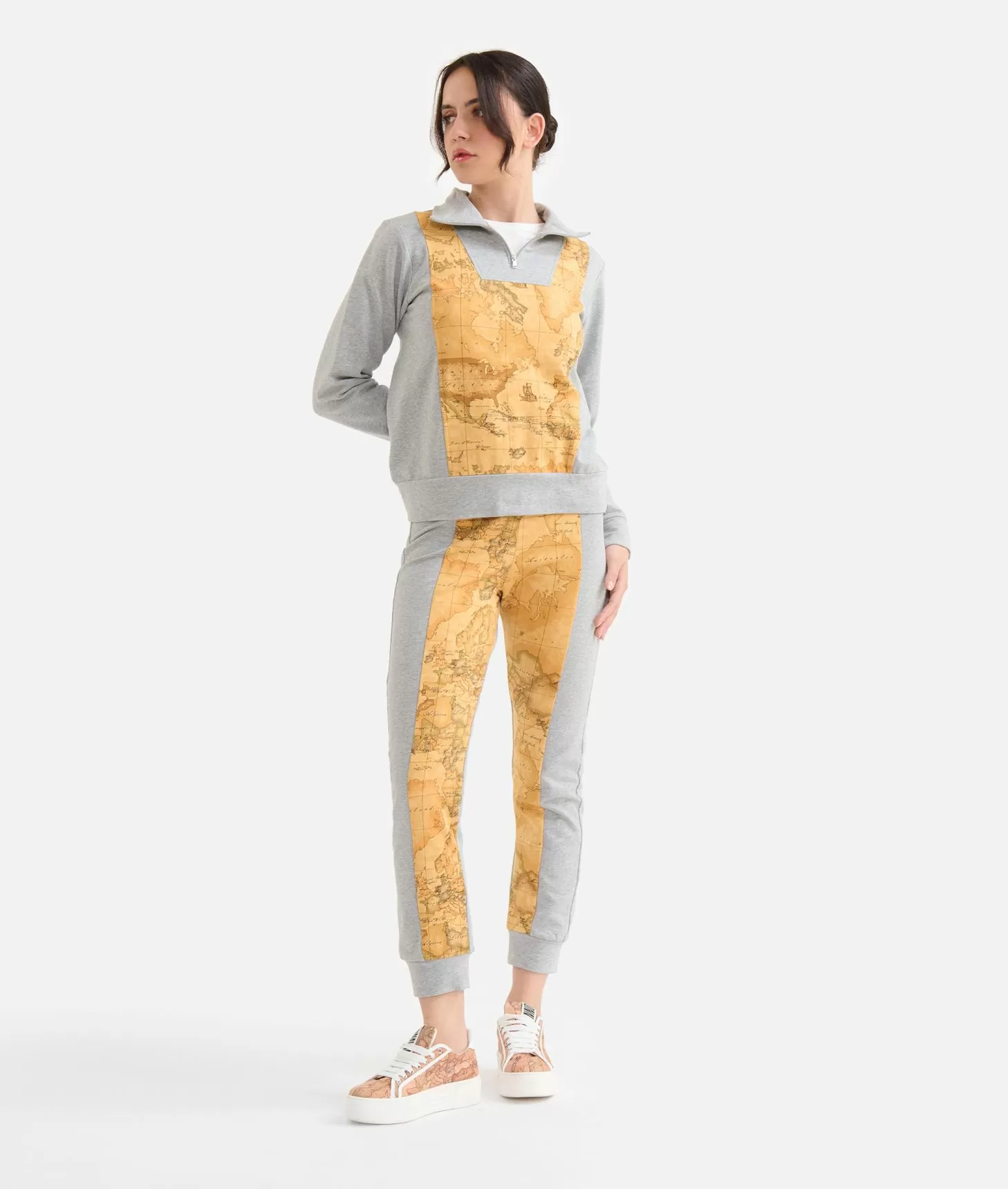 Alviero martini 1a classe Felpa in cotone garzato stretch con intarsio Geo Classic Grigia Pezzi Unici